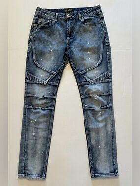 GS115 Moto Biker Jeans Size 34 Distressed Paint Splatter Slim Fit Denim